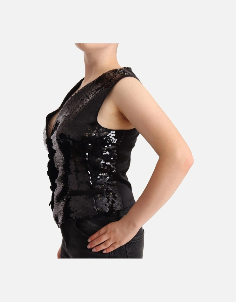 Sequined Sleeveless Vest Top with Button Closure Women - Black