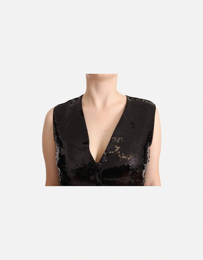 Sequined Sleeveless Vest Top with Button Closure Women - Black