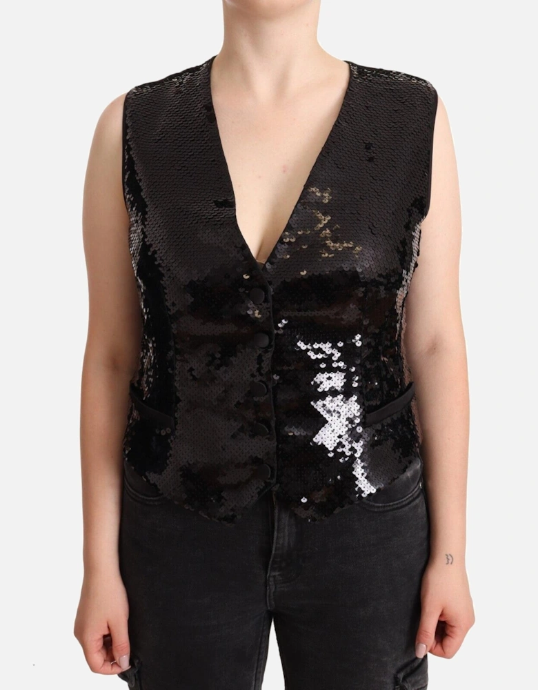 Sequined Sleeveless Vest Top with Button Closure Women - Black