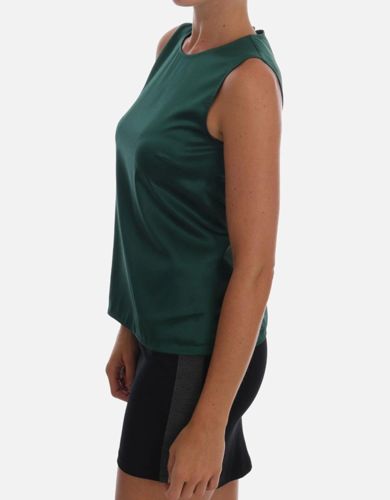 Silk Sleeveless Tank Top with Logo Details Women - Dark Green T-Shirts