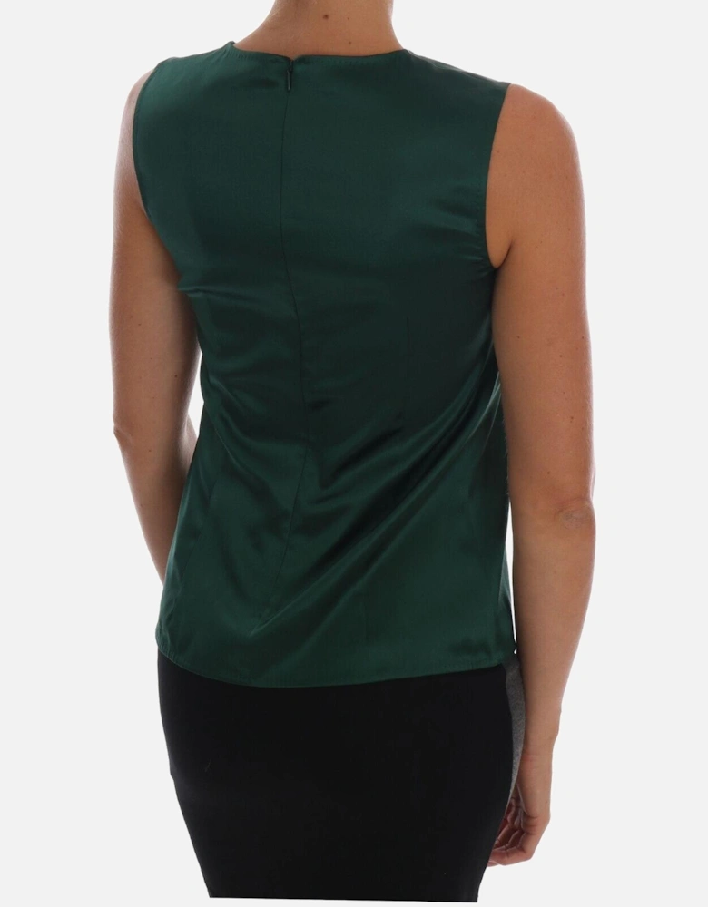 Silk Sleeveless Tank Top with Logo Details Women - Dark Green T-Shirts