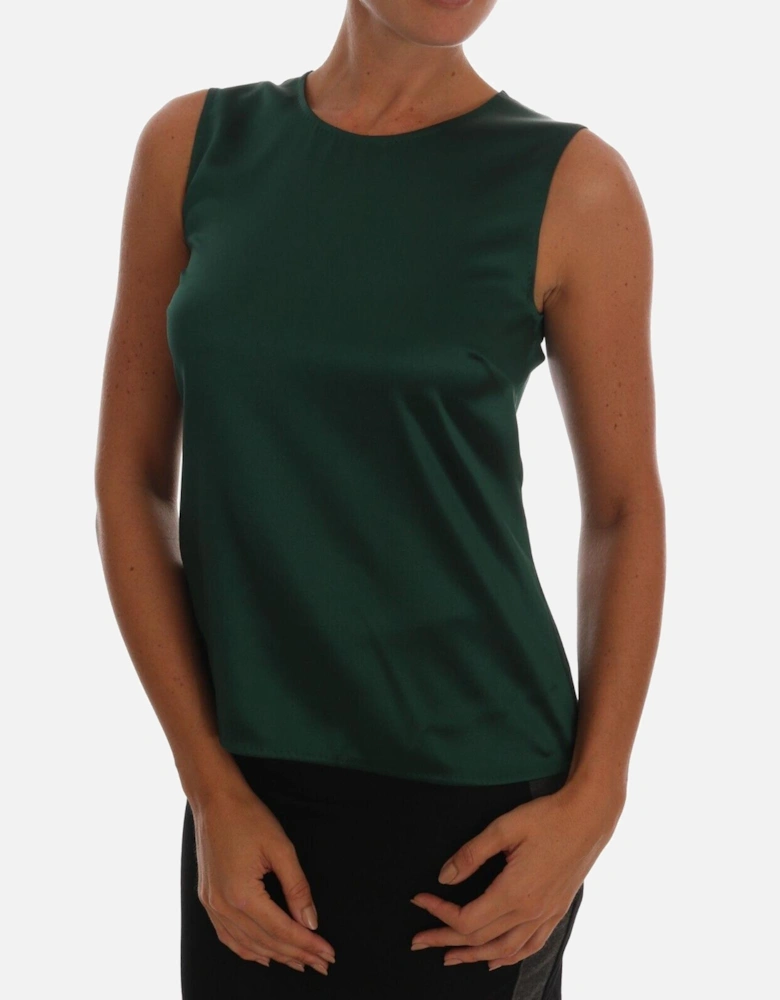 Silk Sleeveless Tank Top with Logo Details Women - Dark Green T-Shirts