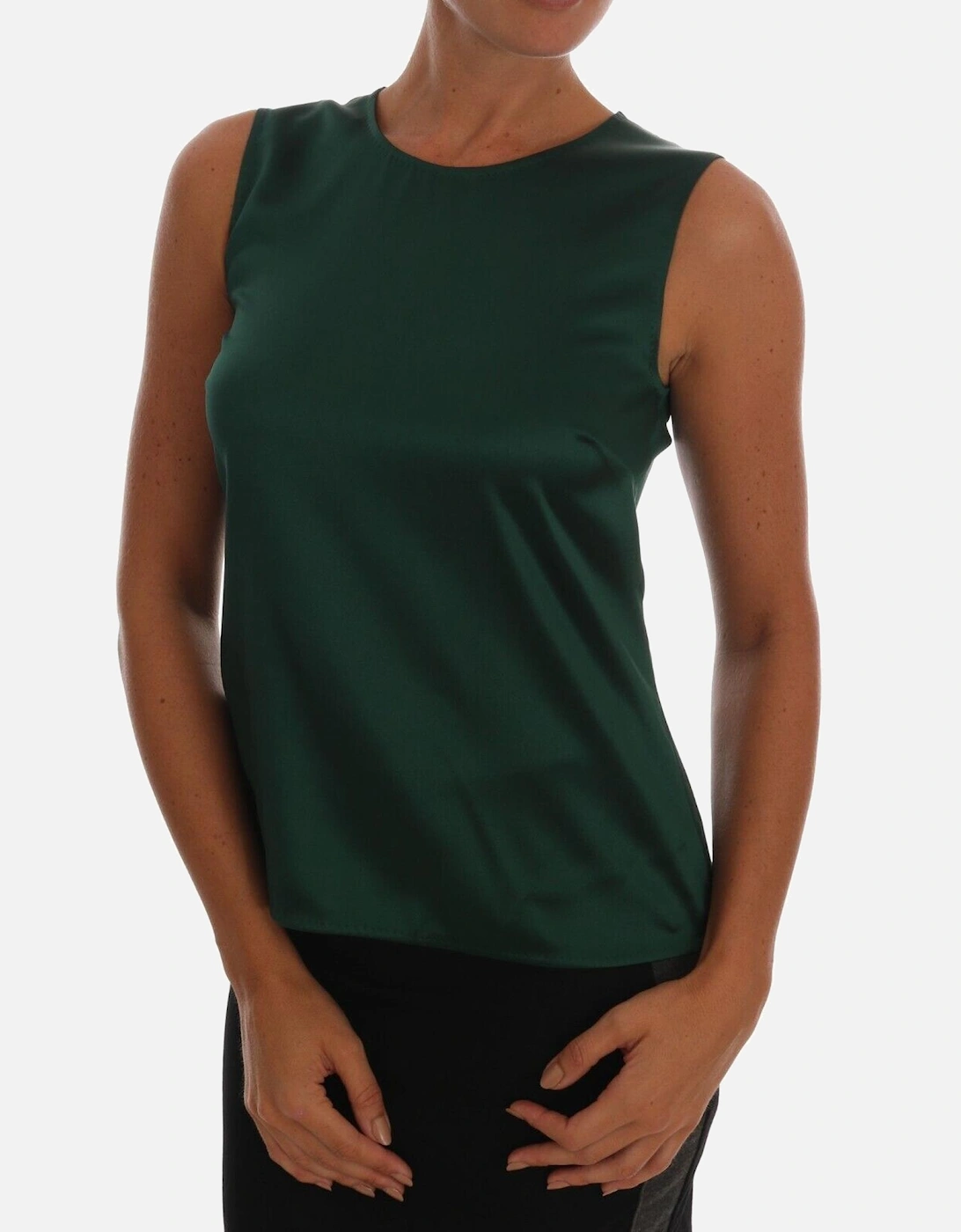 Silk Sleeveless Tank Top with Logo Details Women - Dark Green T-Shirts, 4 of 3