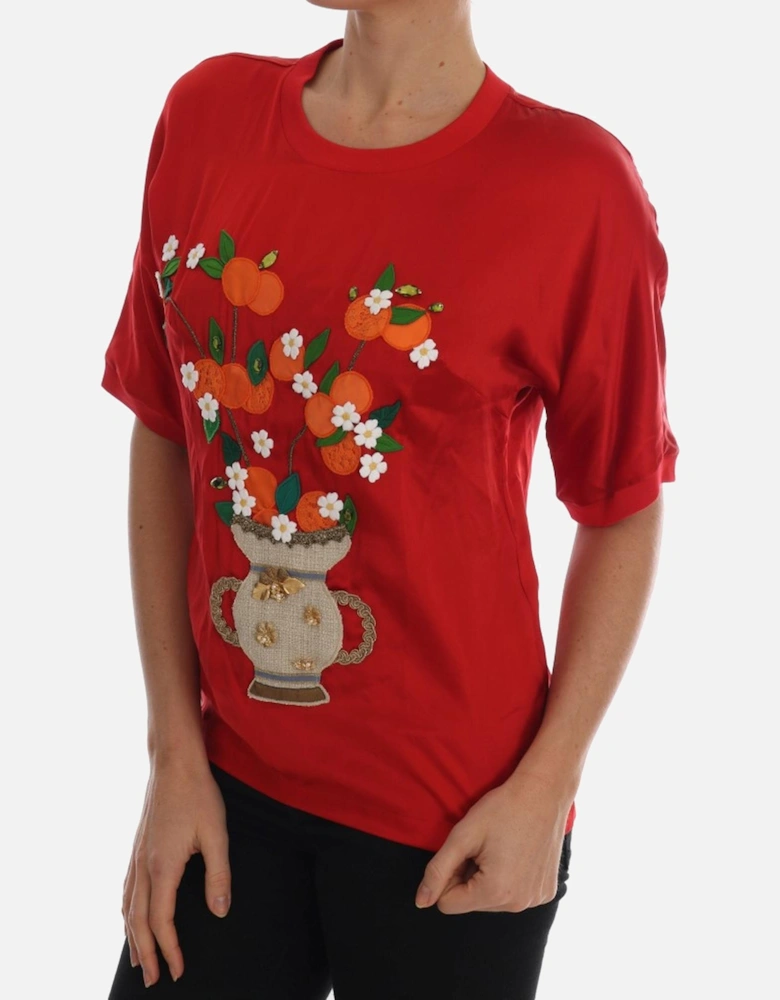Orange Vase Silk Top TSH1754 Women - Red T-Shirts