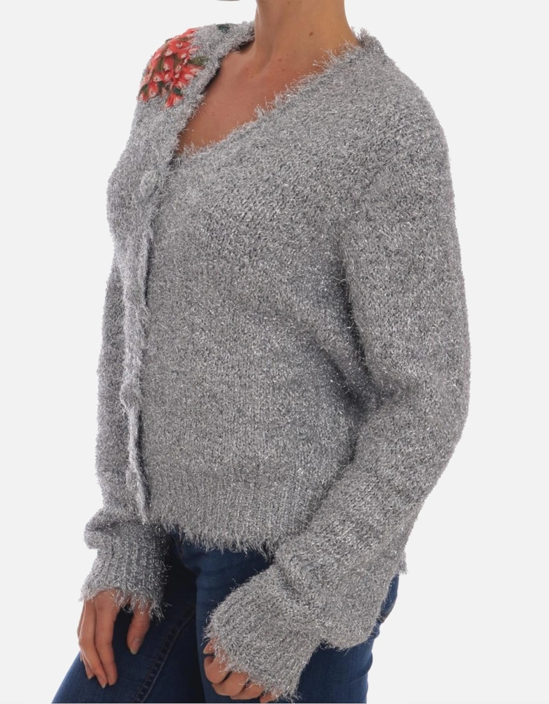 Cardigan Sweater with Floral Applique Women - Silver