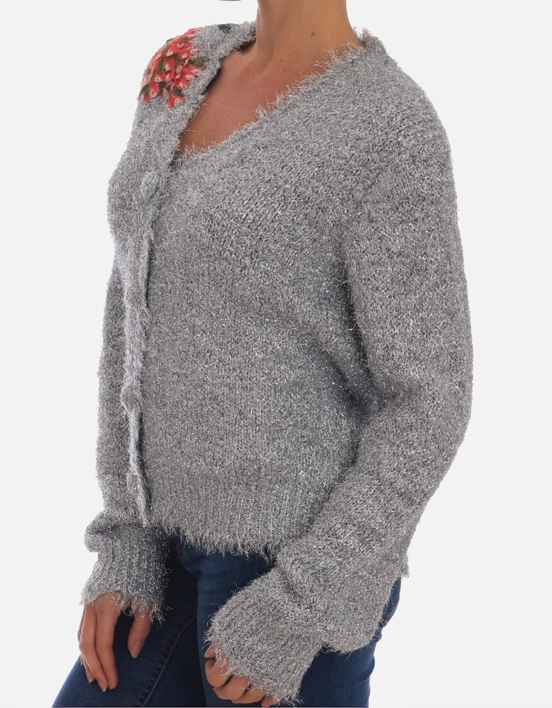 Cardigan Sweater with Floral Applique Women - Silver