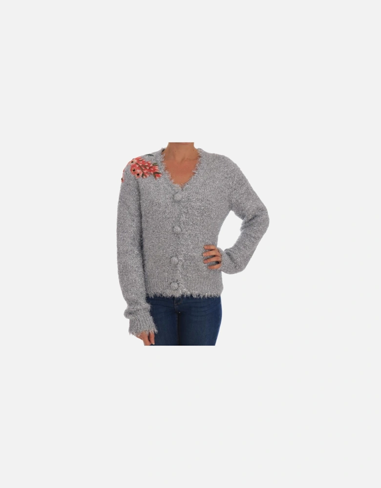 Cardigan Sweater with Floral Applique Women - Silver