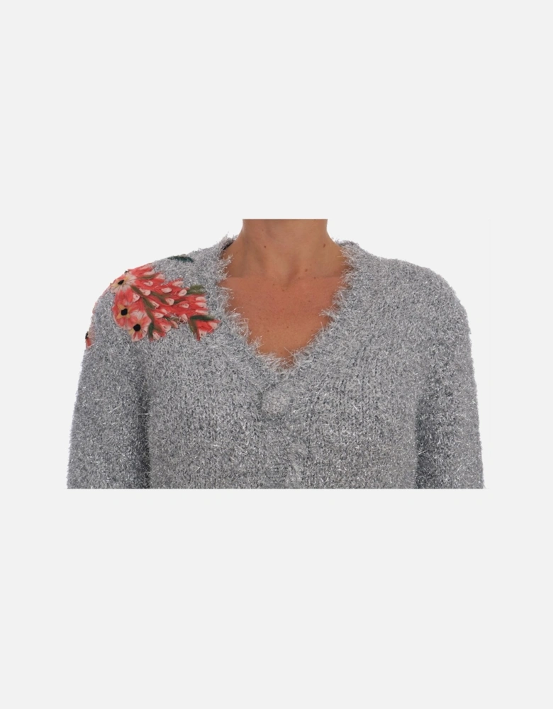 Cardigan Sweater with Floral Applique Women - Silver