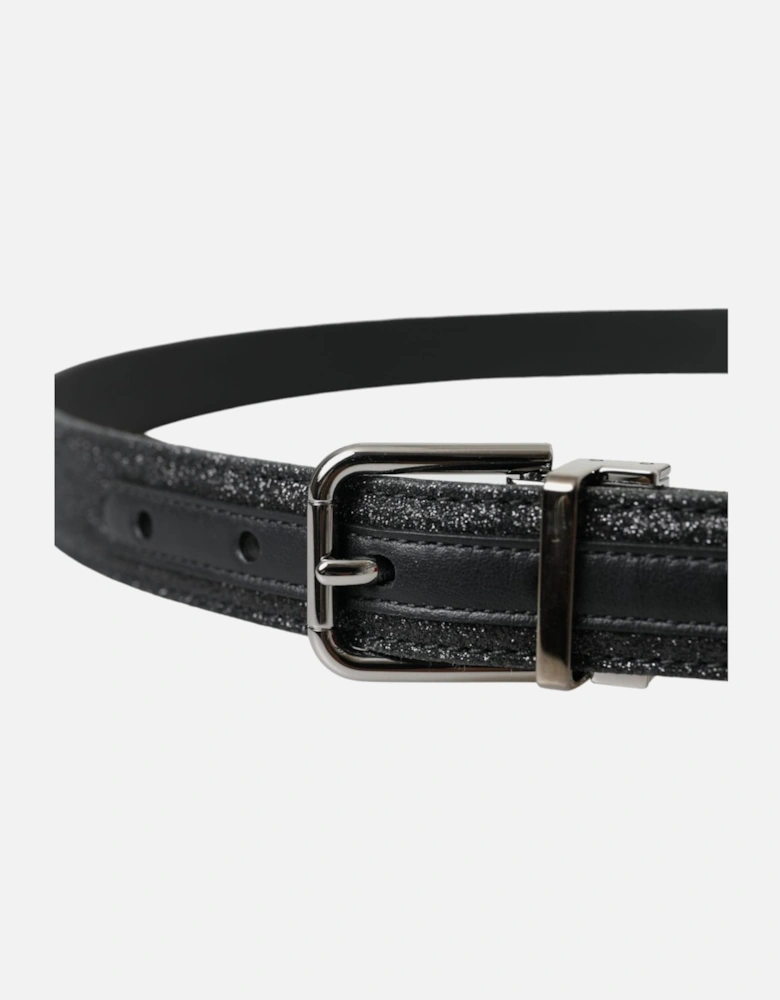 Glittery Leather Womens Belt with Metal Buckle Fastening - Black
