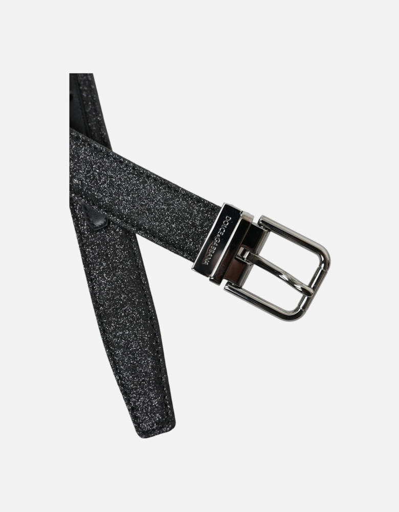 Glittery Leather Womens Belt with Metal Buckle Fastening - Black
