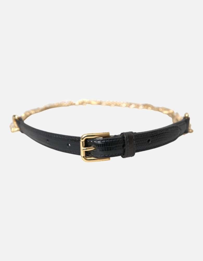 Crystal Motif Leather Belt with Engraved Buckle Women - Black