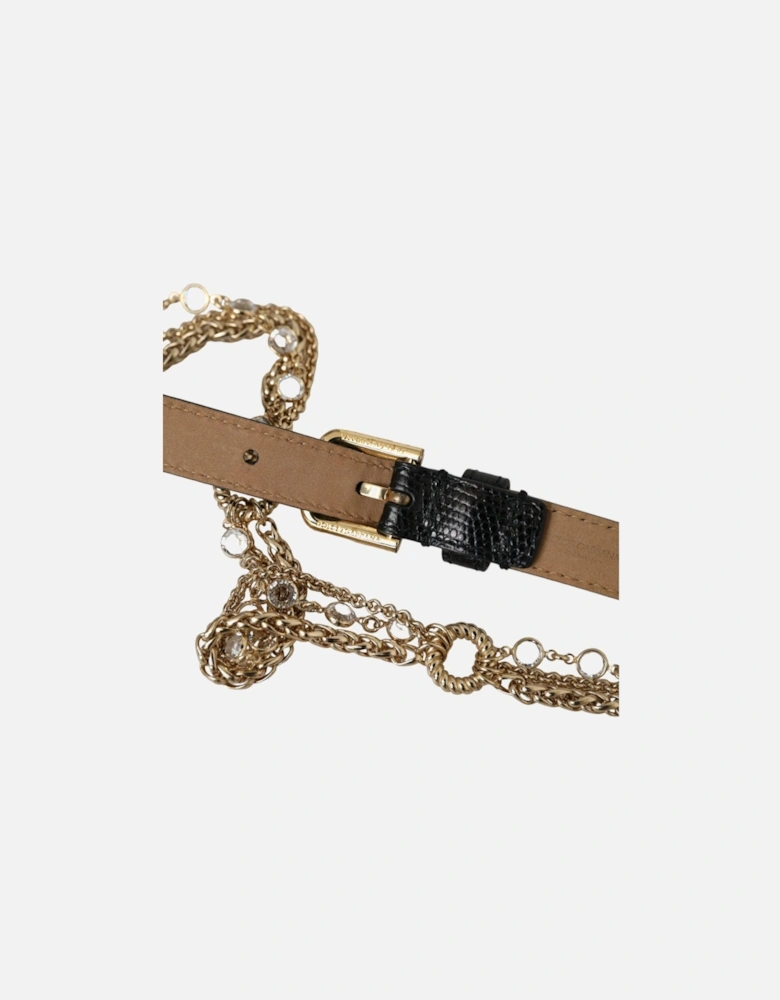Crystal Motif Leather Belt with Engraved Buckle Women - Black
