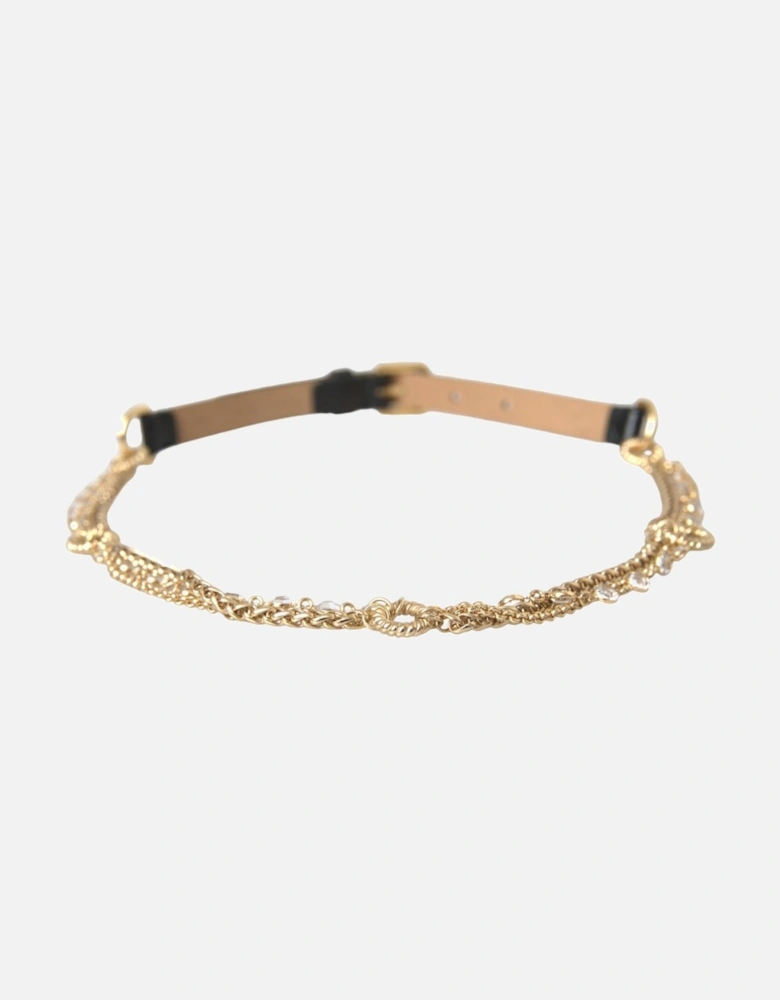 Crystal Motif Leather Belt with Engraved Buckle Women - Black