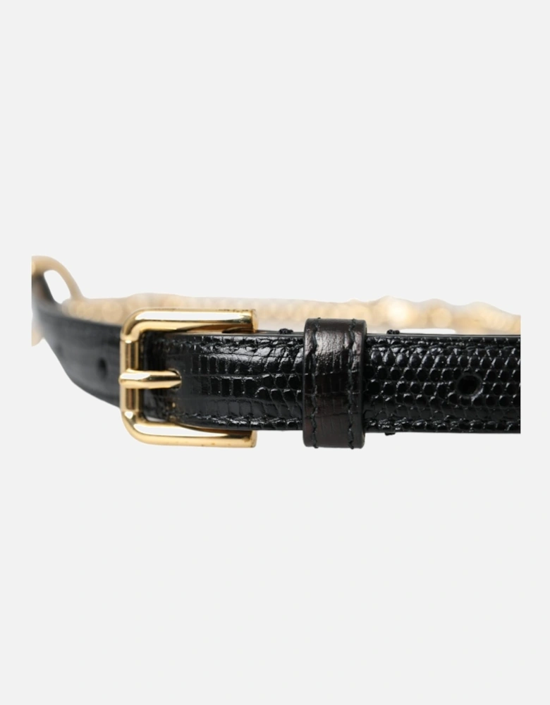 Crystal Motif Leather Belt with Engraved Buckle Women - Black