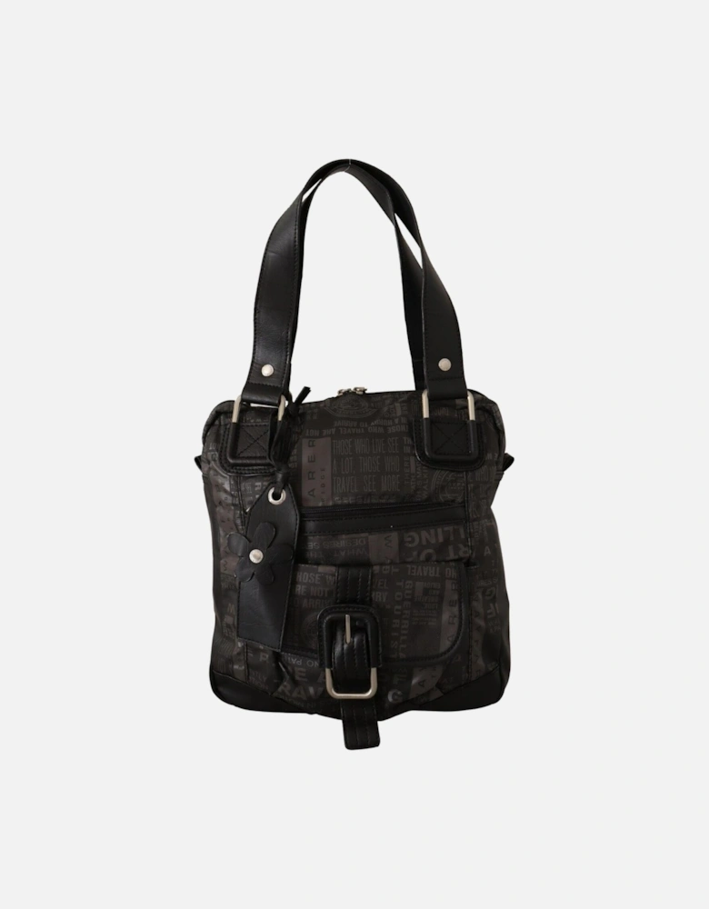 Printed Fabric Shoulder Purse with Leather Strap Women - Black And