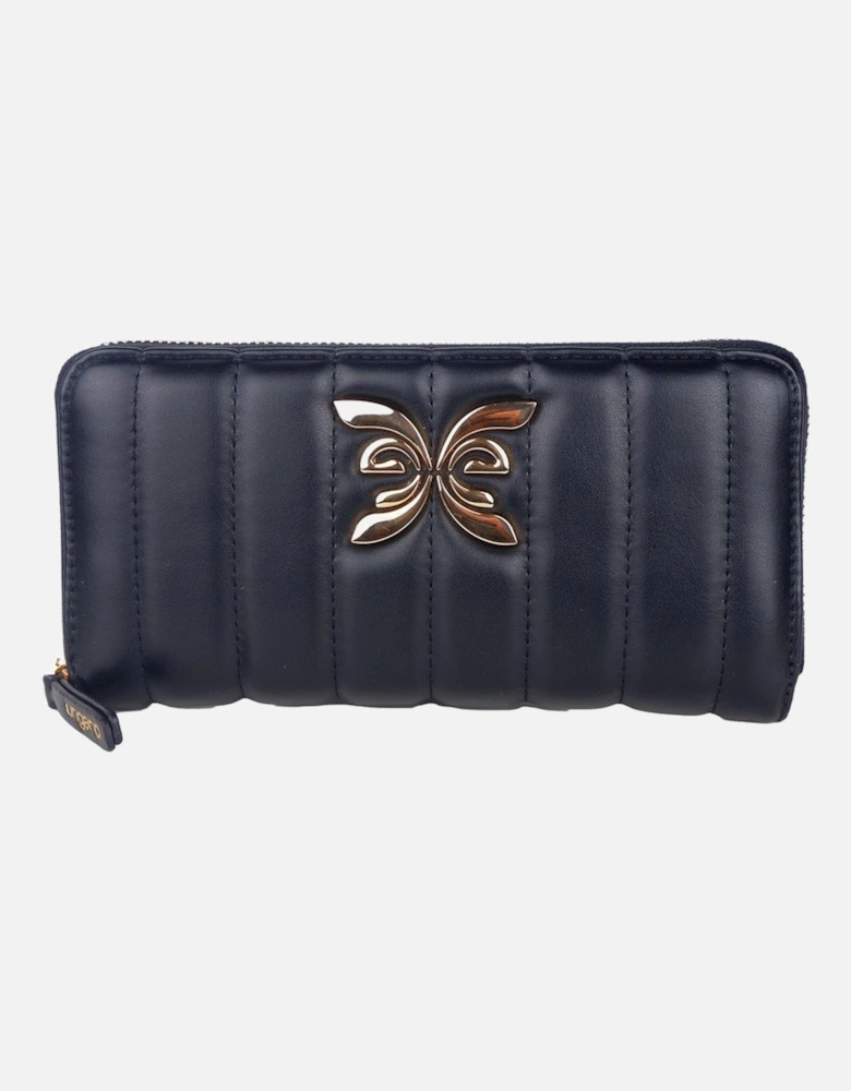Quilted Faux Leather Wallet with Metal Logo Women - Black