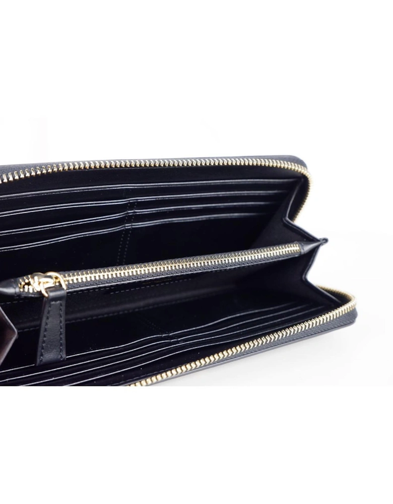 Metal Logo Leather Wallet with Zippered Closure and Multiple