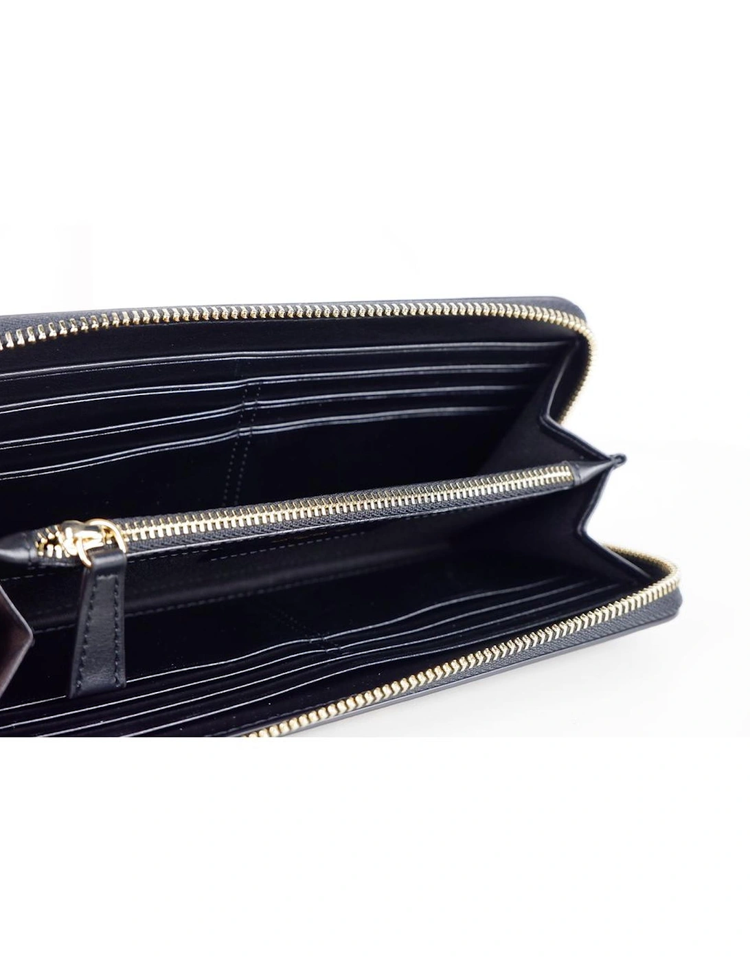 Metal Logo Leather Wallet with Zippered Closure and Multiple
