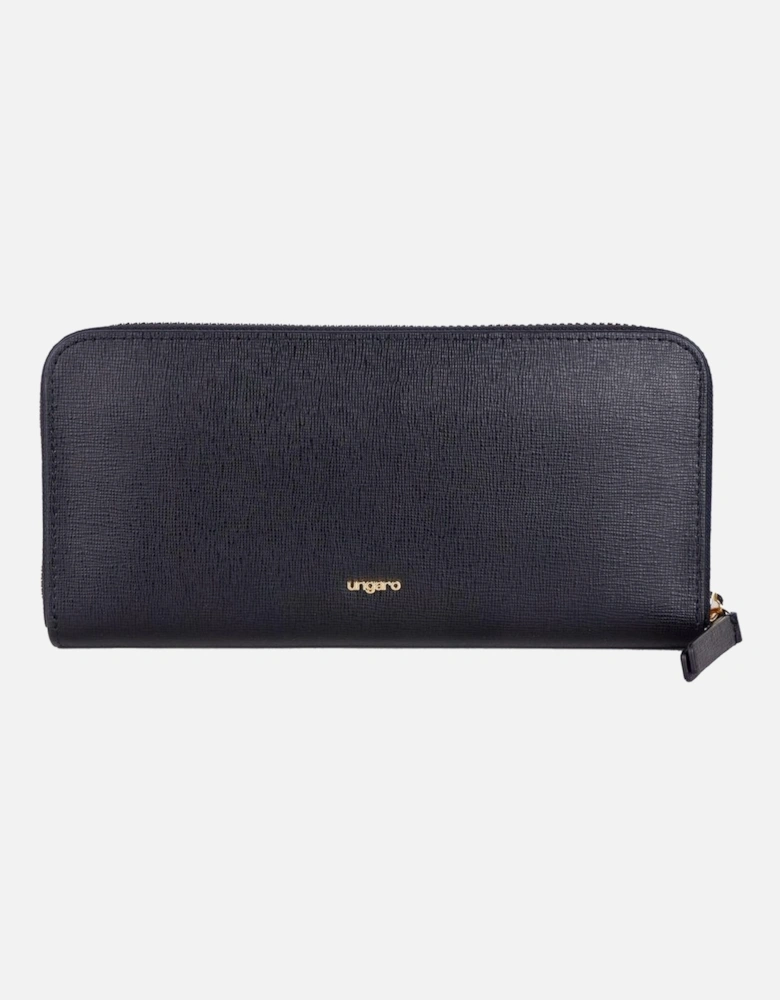 Metal Logo Leather Wallet with Zippered Closure and Multiple