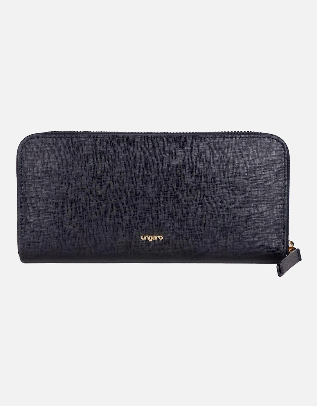 Metal Logo Leather Wallet with Zippered Closure and Multiple