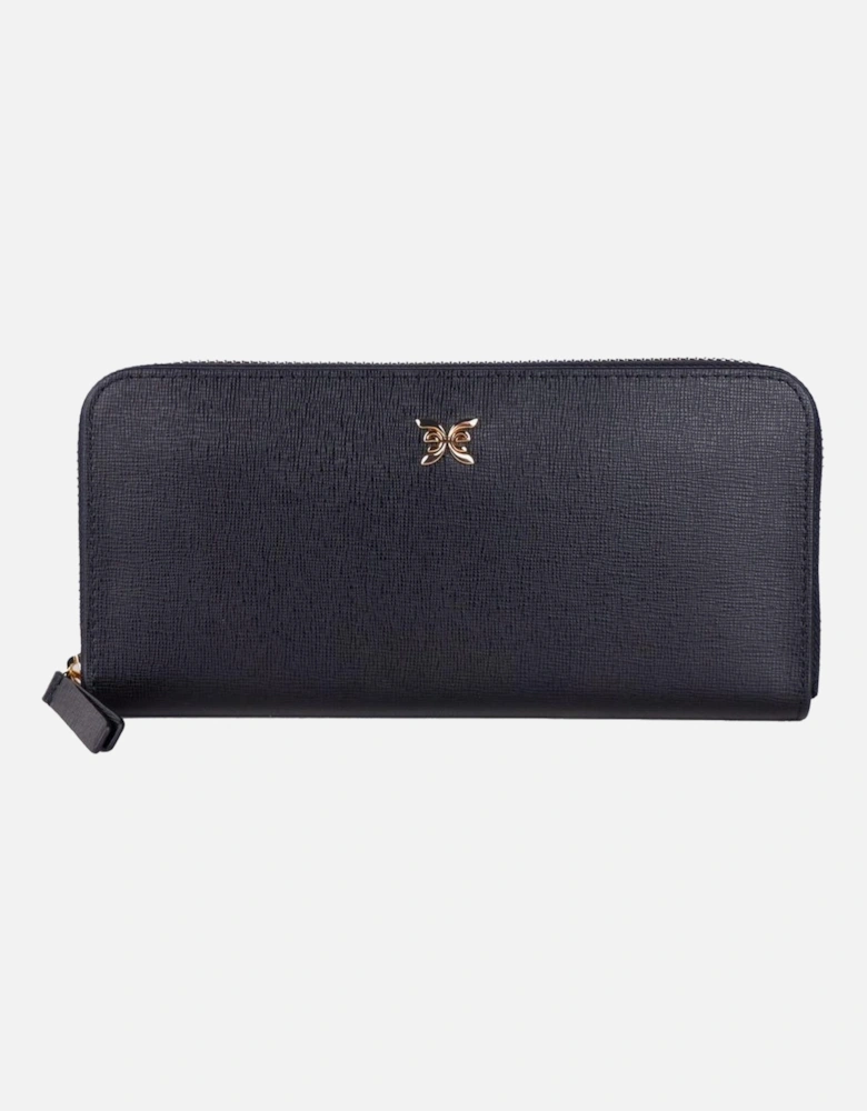 Metal Logo Leather Wallet with Zippered Closure and Multiple