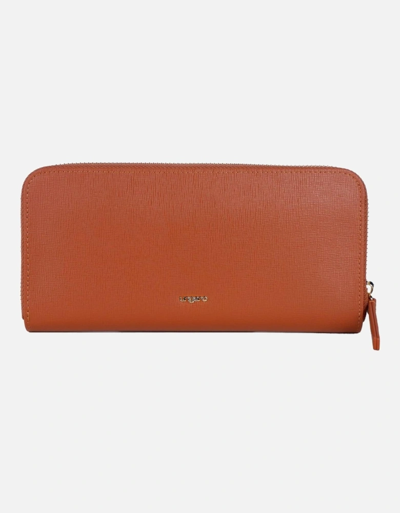 Metal Logo Leather Zip Wallet with Card Holder & Coin Purse Women -