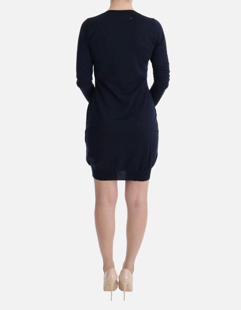 Bow Detail Sweater Dress Long Sleeve VNeck Dress Women - Blue Dresses