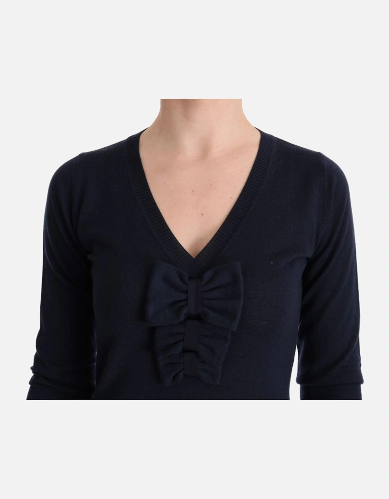 Bow Detail Sweater Dress Long Sleeve VNeck Dress Women - Blue Dresses