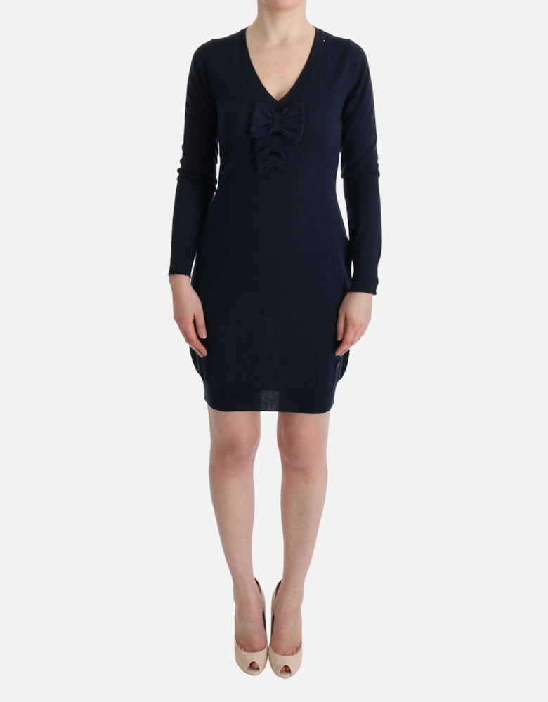 Bow Detail Sweater Dress Long Sleeve VNeck Dress Women - Blue Dresses