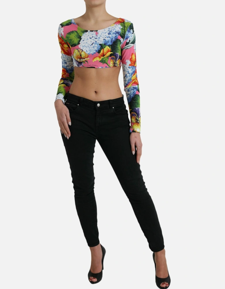 Floral Cropped Blouse Top with Long Sleeves and Back Zipper Closure