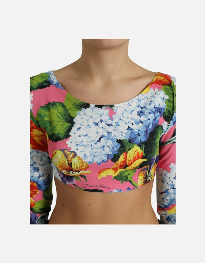 Floral Cropped Blouse Top with Long Sleeves and Back Zipper Closure
