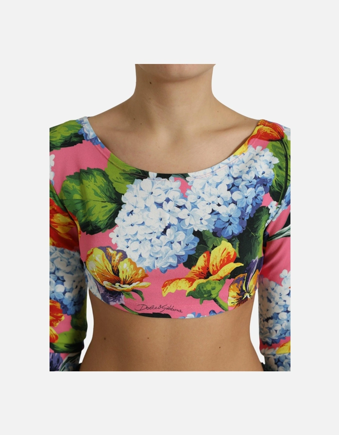 Floral Cropped Blouse Top with Long Sleeves and Back Zipper Closure