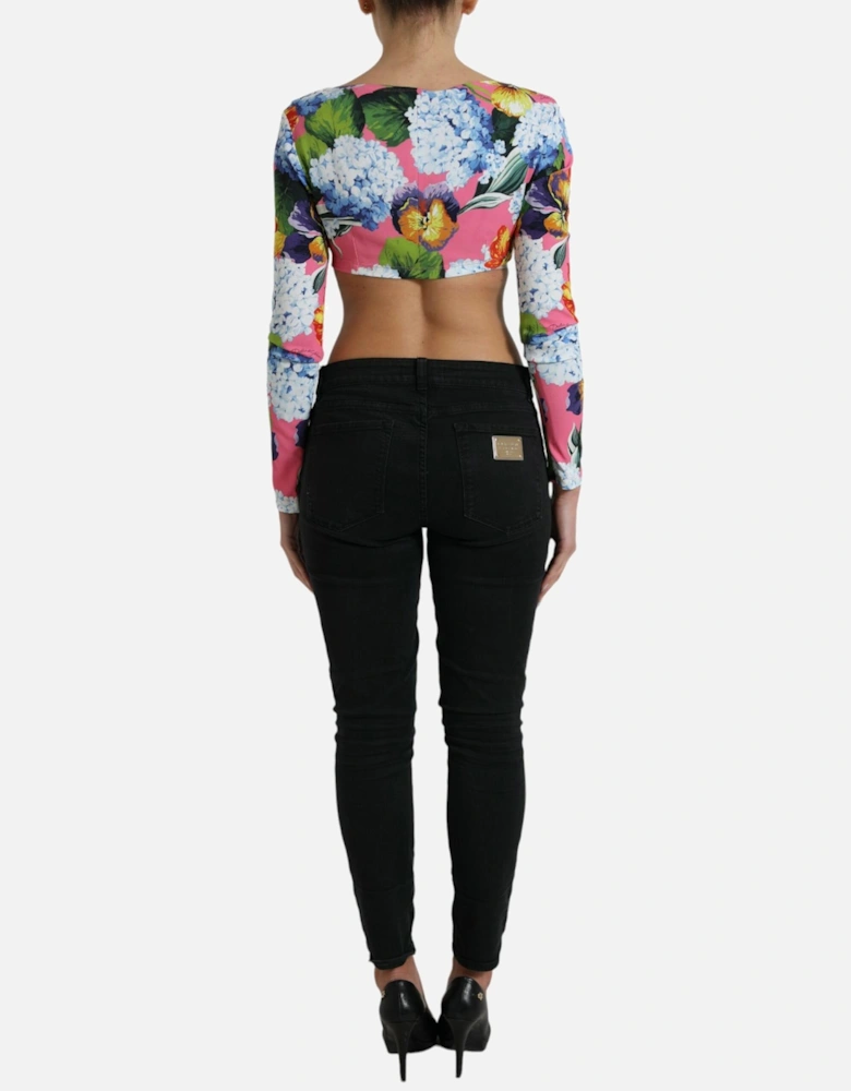 Floral Cropped Blouse Top with Long Sleeves and Back Zipper Closure