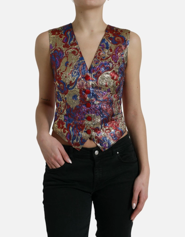 Floral Jacquard Sleeveless Waistcoat Vest Top Women - Multicolor