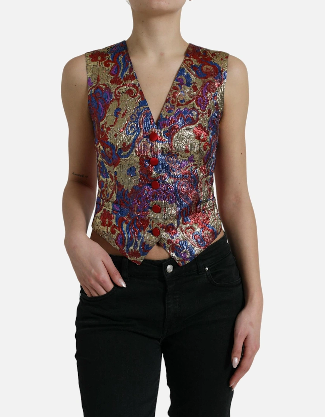 Floral Jacquard Sleeveless Waistcoat Vest Top Women - Multicolor, 7 of 6
