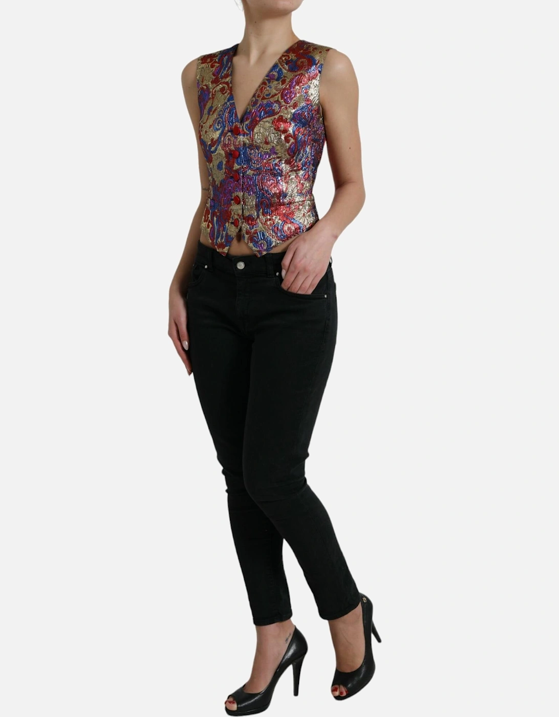 Floral Jacquard Sleeveless Waistcoat Vest Top Women - Multicolor
