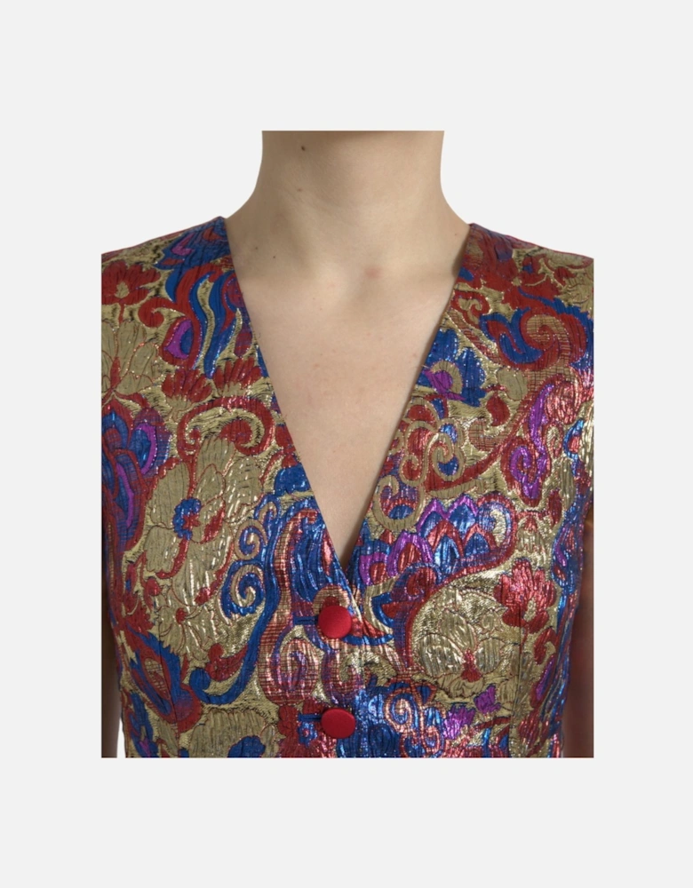 Floral Jacquard Sleeveless Waistcoat Vest Top Women - Multicolor