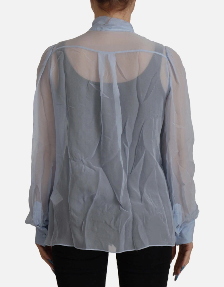 Sheer Silk Blouse Bow Tie Neck Women - Blue T-Shirts