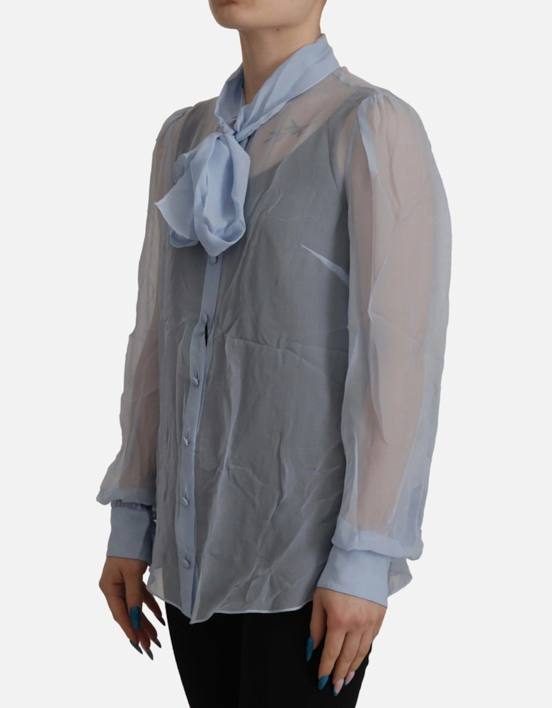Sheer Silk Blouse Bow Tie Neck Women - Blue T-Shirts