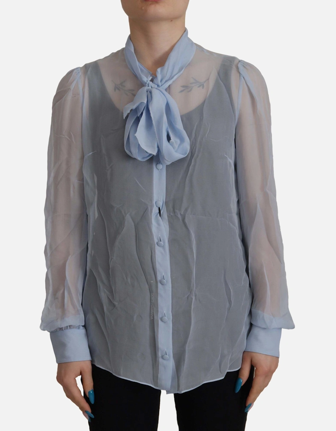 Sheer Silk Blouse Bow Tie Neck Women - Blue T-Shirts, 7 of 6