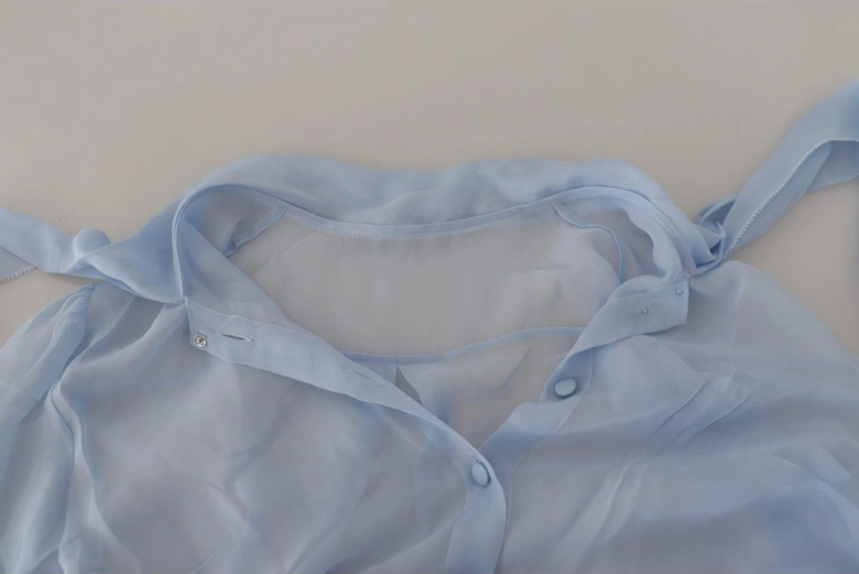 Sheer Silk Blouse Bow Tie Neck Women - Blue T-Shirts