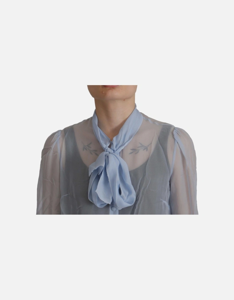 Sheer Silk Blouse Bow Tie Neck Women - Blue T-Shirts