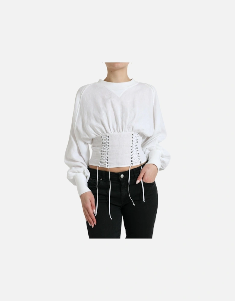 White Cotton Long Sleeve Corset Cropped Top with Lace-Up Closure.