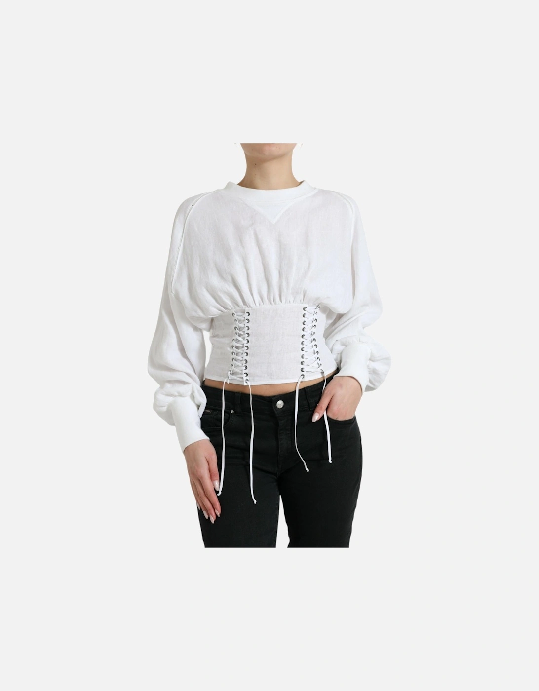 White Cotton Long Sleeve Corset Cropped Top with Lace-Up Closure., 7 of 6