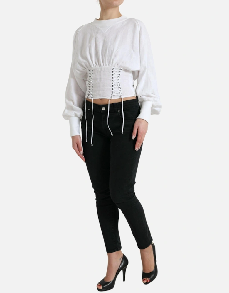 White Cotton Long Sleeve Corset Cropped Top with Lace-Up Closure.