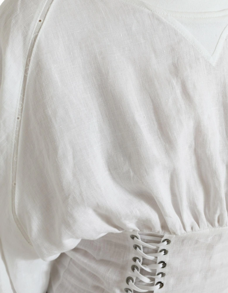 White Cotton Long Sleeve Corset Cropped Top with Lace-Up Closure.