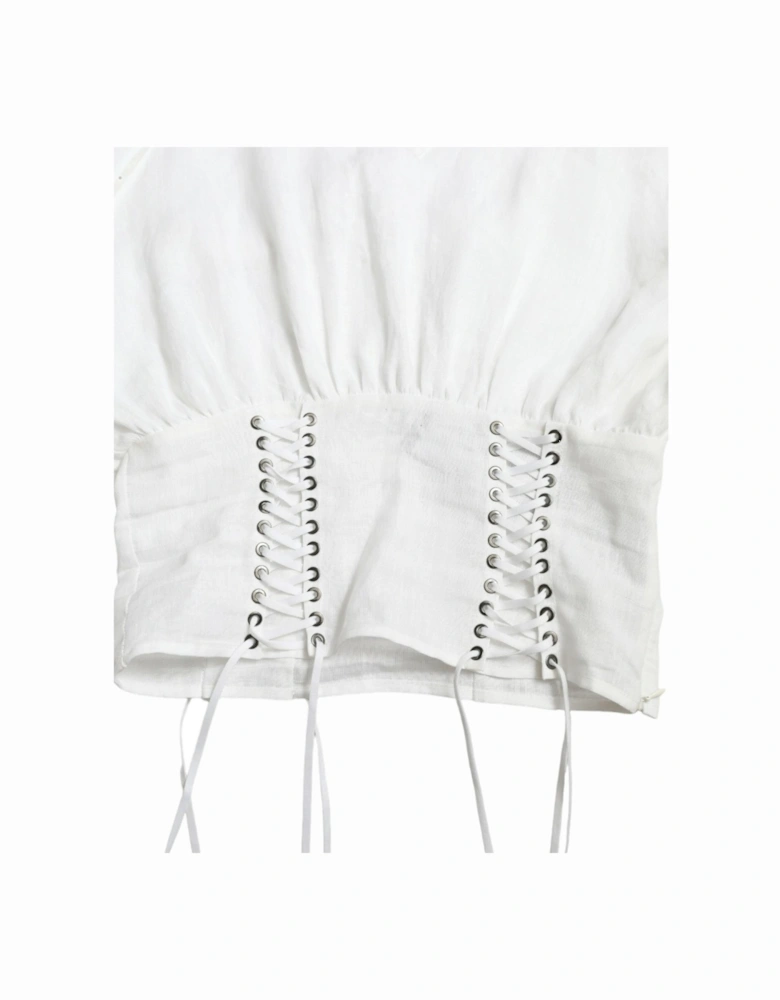 White Cotton Long Sleeve Corset Cropped Top with Lace-Up Closure.