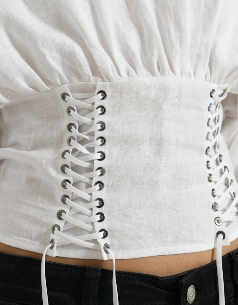 White Cotton Long Sleeve Corset Cropped Top with Lace-Up Closure.