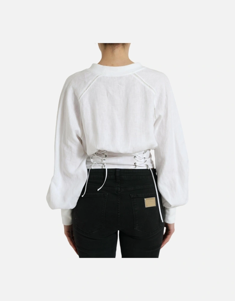 White Cotton Long Sleeve Corset Cropped Top with Lace-Up Closure.