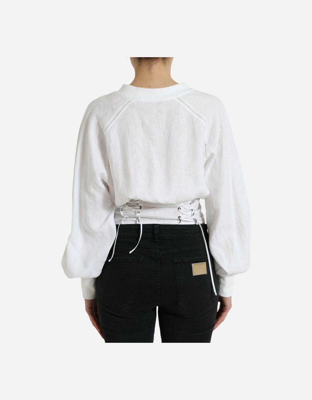 White Cotton Long Sleeve Corset Cropped Top with Lace-Up Closure.